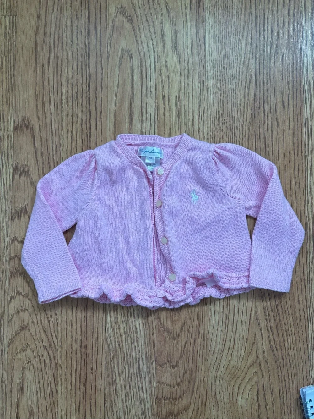 Ralph Lauren Light Pink Knit Cardigan with Ruffle Hem